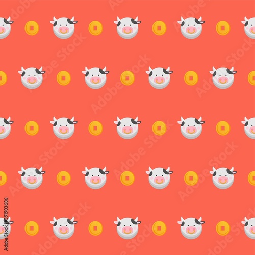Chinese New Year, continuous seamless background of ox and coins, cartoon comic vector illustration
