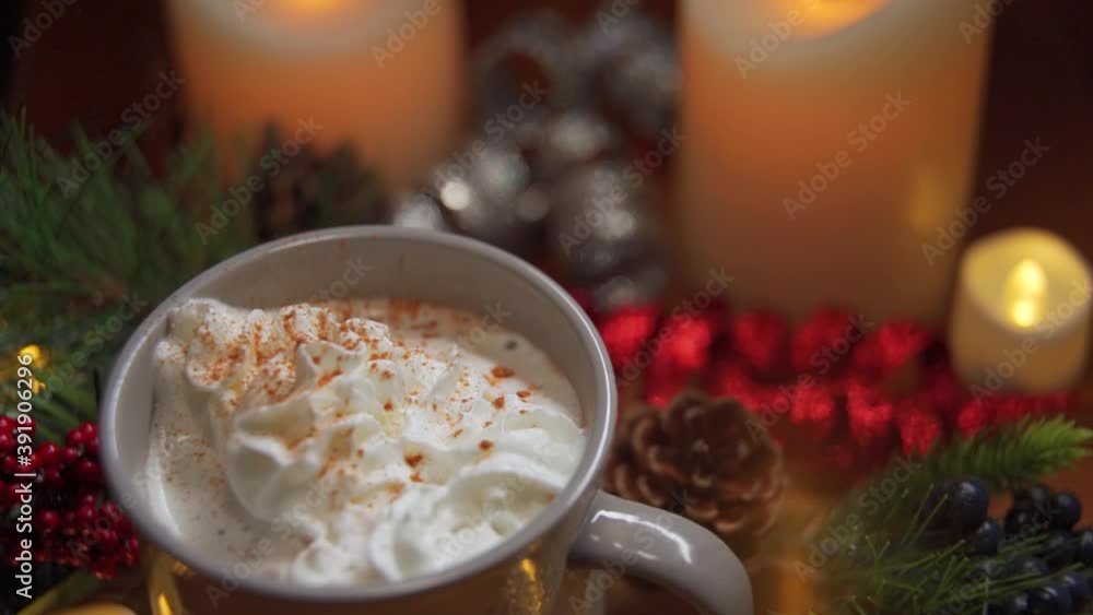 A looped clip of cinnamon sprinkles falling on whip cream in a cup of holiday hot cocoa. A looped clip of cinnamon sprinkles falling on whip cream in a cup of holiday hot cocoa.