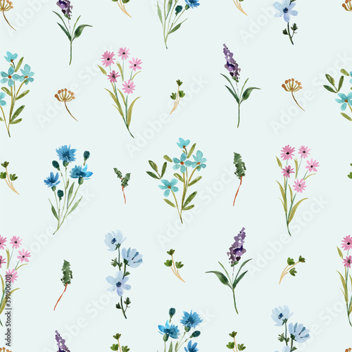 Watercolor Seamless Pattern with Blue and Purple Wildflowers
