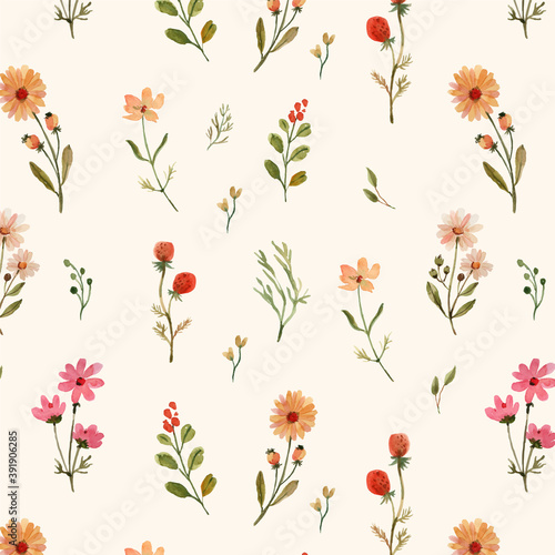 Watercolor Seamless Pattern with Warm Wildflowers