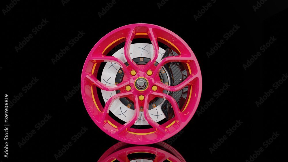 Pink alloy wheel.Pink alloy wheel and modern Brake Disc on black background. 3D render.