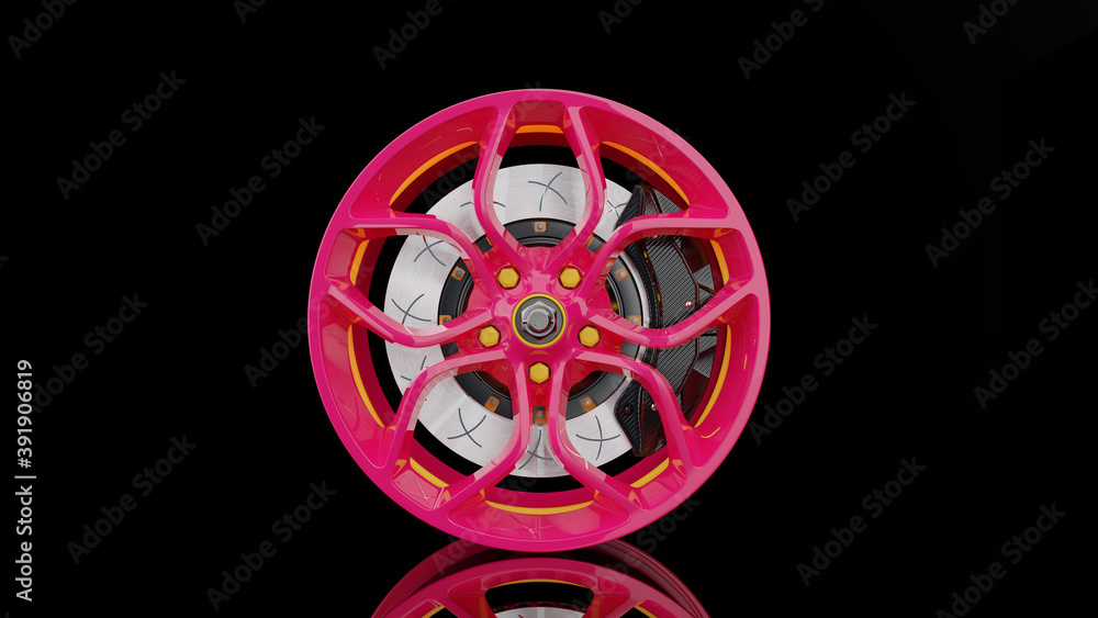 Fototapeta premium Pink alloy wheel.Pink alloy wheel and modern Brake Disc on black background. 3D render.