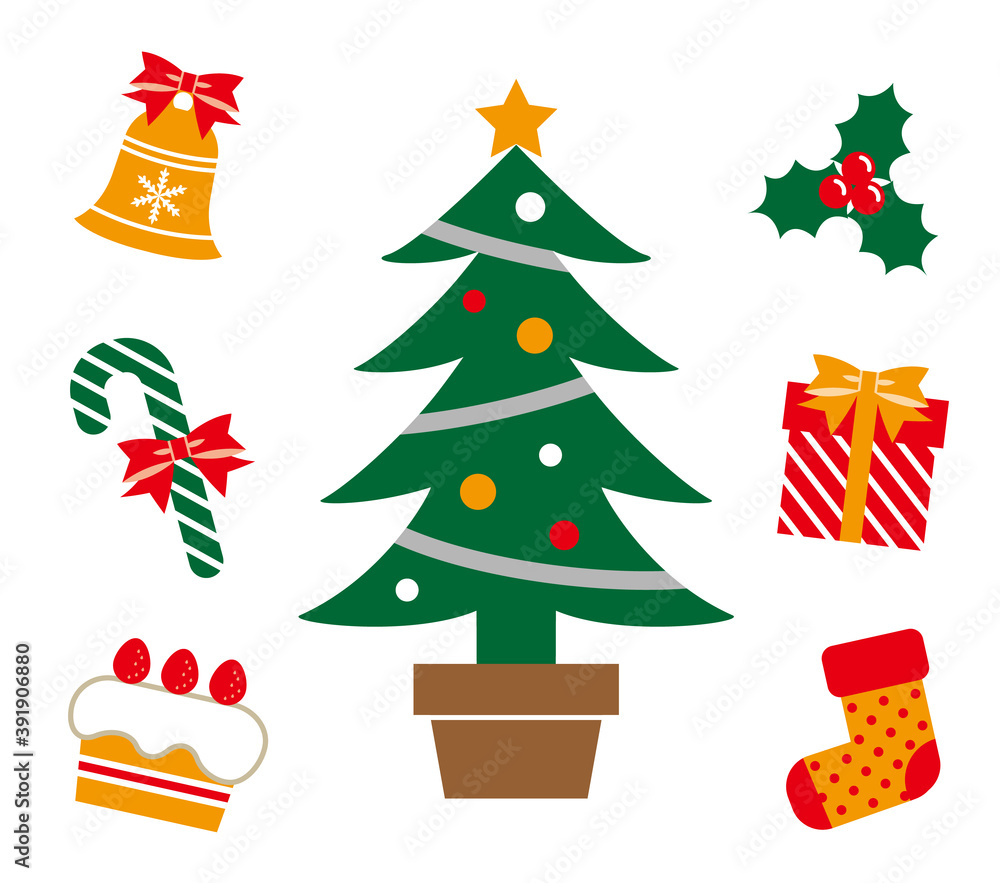 Vecteur Stock クリスマスツリーとオーナメントのシンプルで可愛いアイコンイラストセット 白背景 Adobe Stock