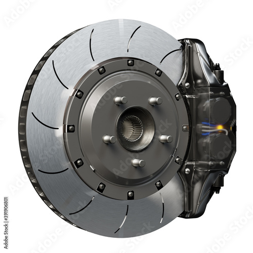 Brake Disc and Clear transparent Calliper for car. Isolated on white background and Clipping path. 3D Render.
