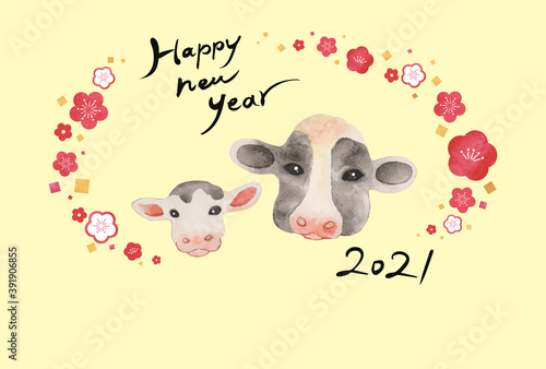 年賀状 2021年 水彩画 牛の親子 顔アップ 梅の花 背景イエロー（賀詞：あり／添え書き：なし）
