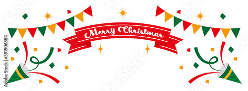 クリスマスの飾り文字とクラッカーのパーティ風ヘッダー背景イラスト/白背景