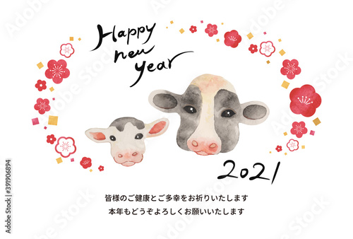 年賀状 2021年 水彩画 牛の親子 顔アップ 梅の花 背景ホワイト（賀詞：あり／添え書き：あり）