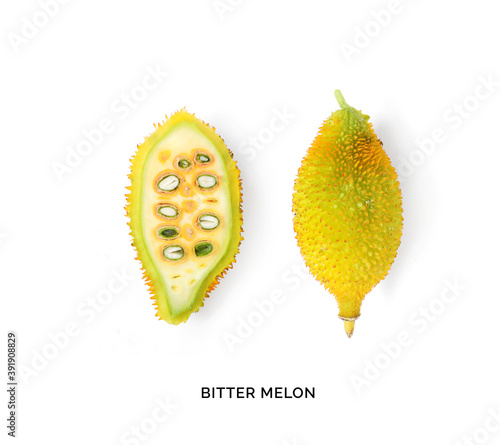 Creative layout made of spiny gourd fruit on the white background. Flat lay. Food concept. Macro concept. photo