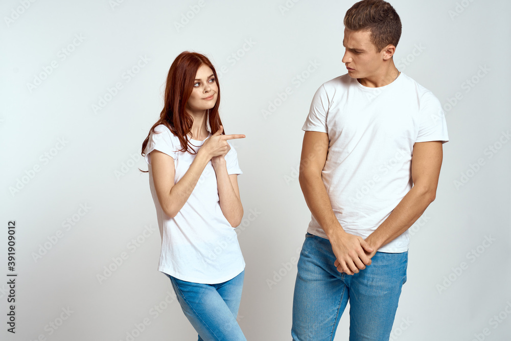 family couple in love jeans white t-shirt emotions fun man and woman having fun family couple in love jeans white t-shirt emotions fun man and woman having fun