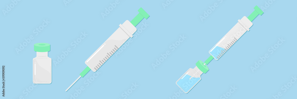 Vector illustration of COVID-19 Coronavirus Vaccine and Syringe separate and before injecting Vector illustration of COVID-19 Coronavirus Vaccine and Syringe separate and before injecting