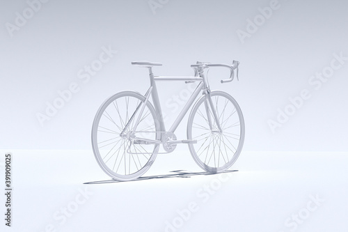 white bicycle on white background. Abstract Image of White Painted Racing Bicycle, Low Side View, Isolated Against White. Illustration, Created in 3d Software. 3d Render.