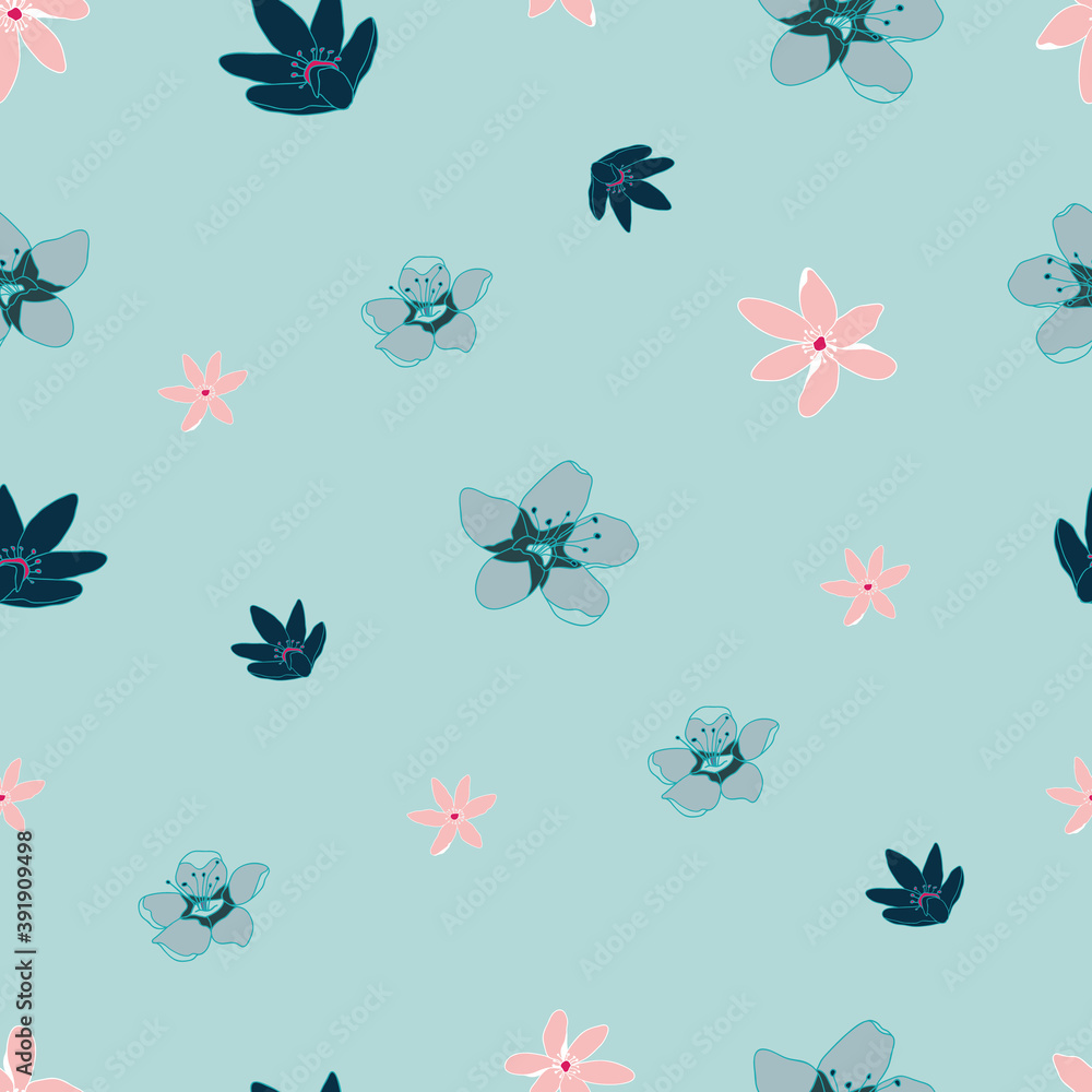 Colorful blossoming flowers seamless pattern sky blue print. Vector illustration. Great for clothing, home design, accessories, stationary and surface patterns.