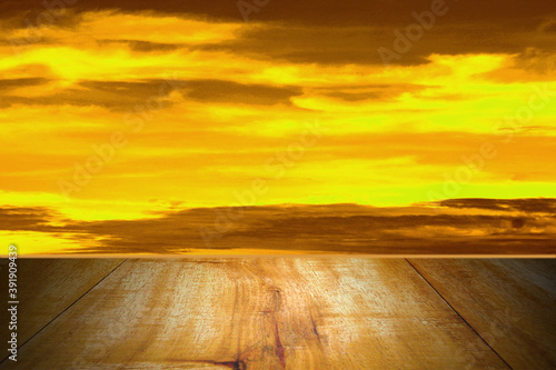 sunset on view with wooden texture