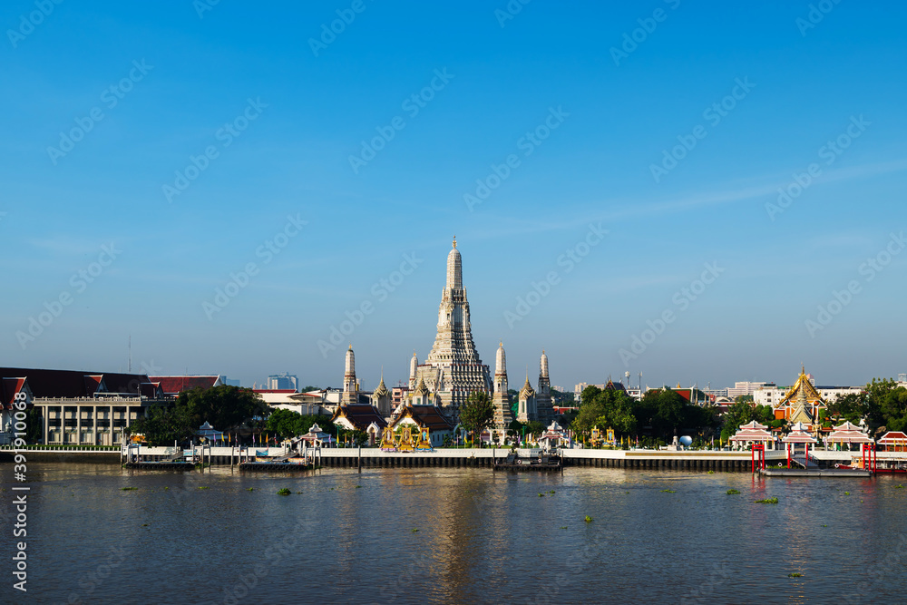 Wat Arun Temple and Chao Phraya river with sky in Bangkok, Thailand