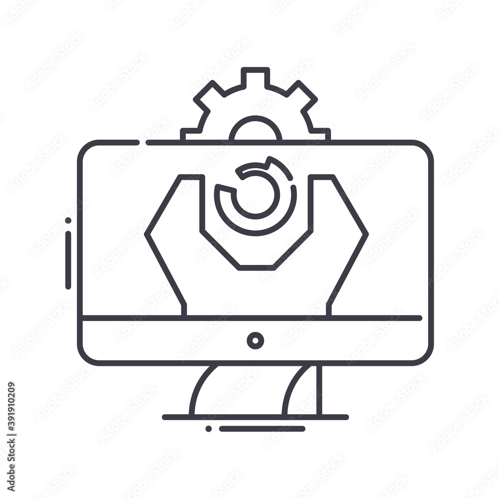 System update icon, linear isolated illustration, thin line vector, web design sign, outline concept symbol with editable stroke on white background. System update icon, linear isolated illustration, thin line vector, web design sign, outline concept symbol with editable stroke on white background.