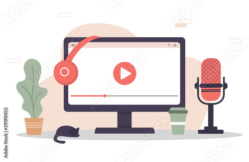 Radio host workplace. Podcast app concept on computer. Equipment for blogging, webcasting and broadcasting. Recording webinar, tutorials and online courses. Vector illustration in flat cartoon style.
