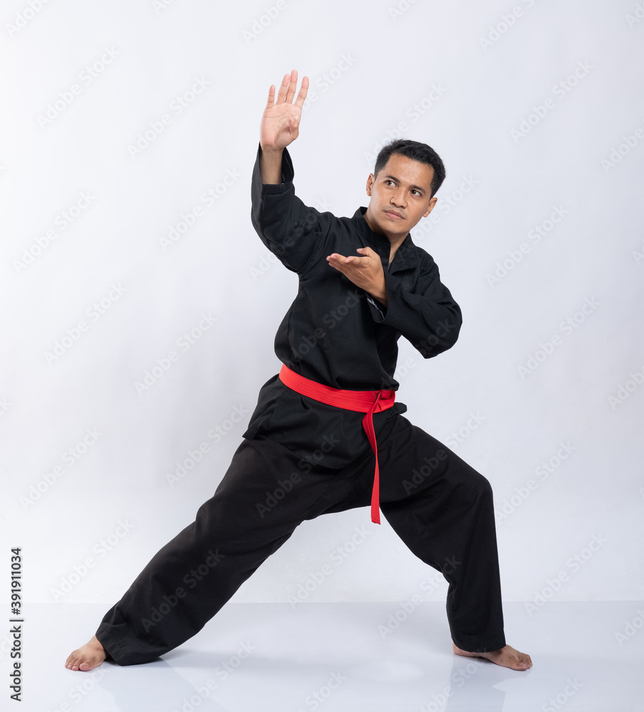 Asian male poses with pencak silat moves while wearing a pencak silat ...
