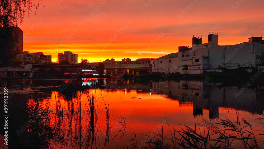 A pond in the city at sunset with business buildings on the side