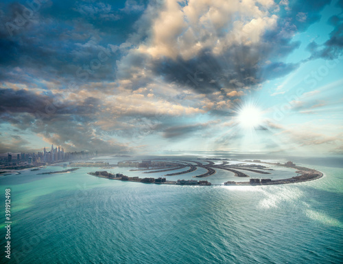 Obraz na płótnie Aerial view of Palm Jumeirah Dubai at sunset