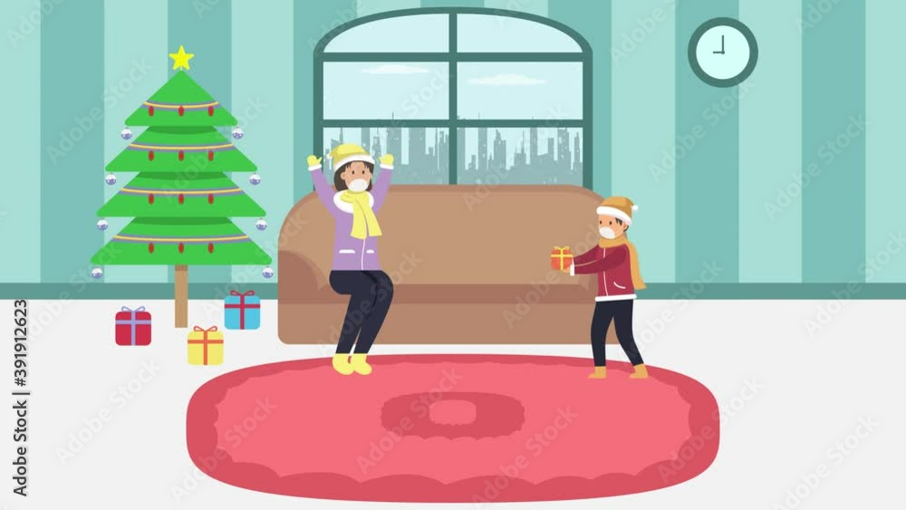 Child wears mask while giving gift to his mother