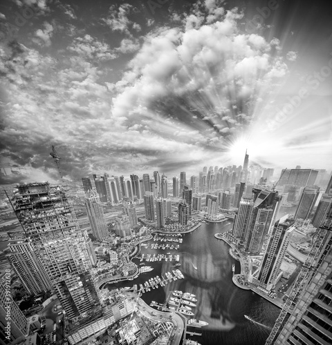 Dubai Marina sunset aerial skyline