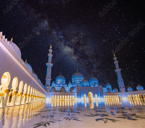 Skeikh Zayed Mosque exterior view at night, Abu Dhabi photo