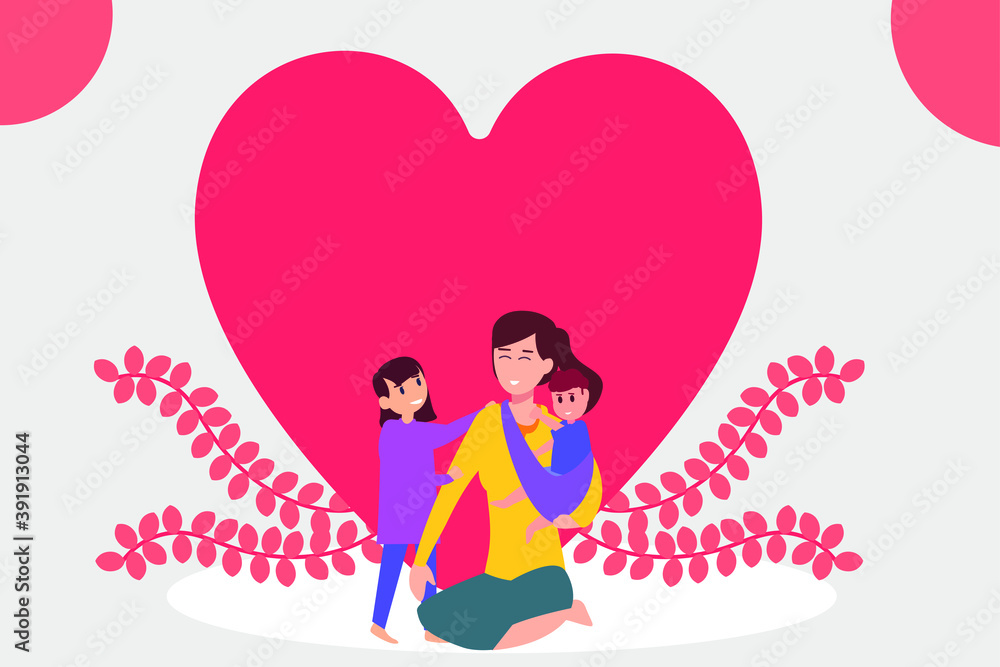 Mother's day vector concept: Young mother and her children sitting with heart shape while celebrating mother's day Mother's day vector concept: Young mother and her children sitting with heart shape while celebrating mother's day