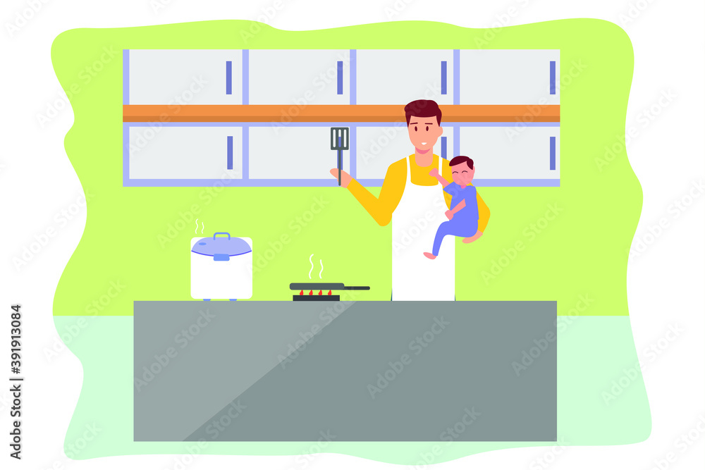 Single parent vector concept: Single father cooking in the kitchen while carrying his little boy