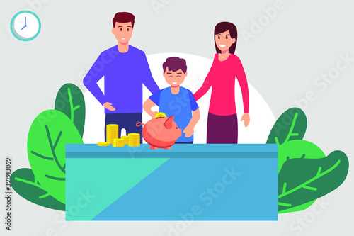 Saving money vector concept: Young parents teaching their son to save money on piggy bank