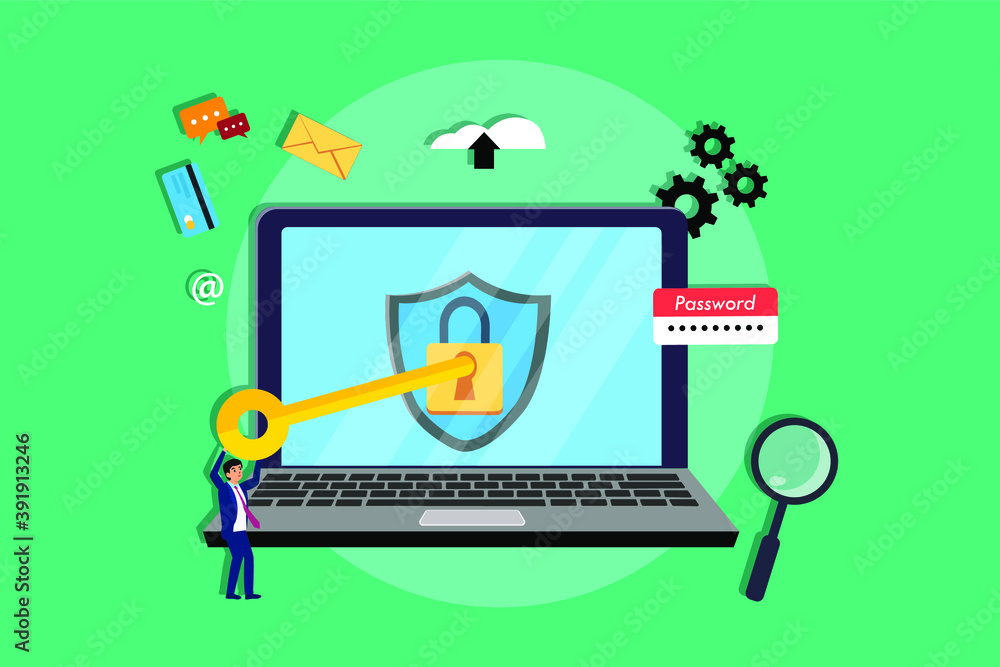 Fototapeta premium Cyber security vector concept: Businessman open the padlock with a key on the laptop screen
