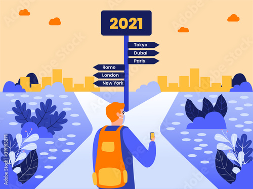 New Year Travel vector concept: Man in face mask carrying backpack for traveling while looking at the signpost with famous city destination and number 2021