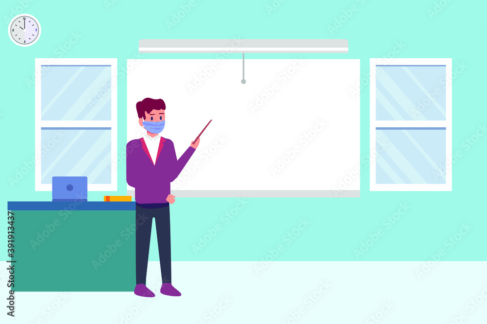 Copyspace vector concept: Lecturer wearing facemask holding a pointer standing next to an empty white board in a classroom Copyspace vector concept: Lecturer wearing facemask holding a pointer standing next to an empty white board in a classroom