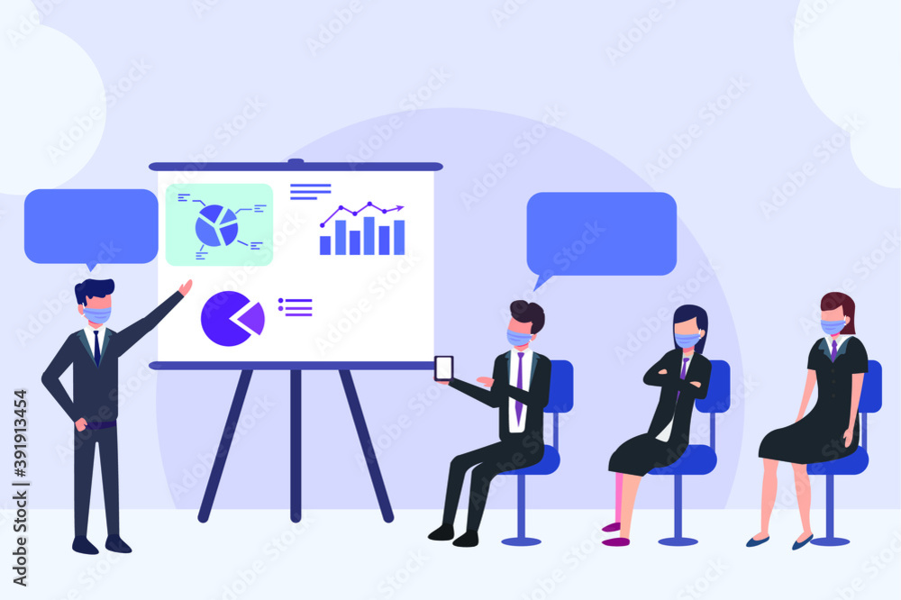 Meeting vector concept: Manager leading a presentation to a small group of business people in an office during pandemic Meeting vector concept: Manager leading a presentation to a small group of business people in an office during pandemic