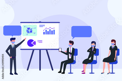 Meeting vector concept: Manager leading a presentation to a small group of business people in an office during pandemic