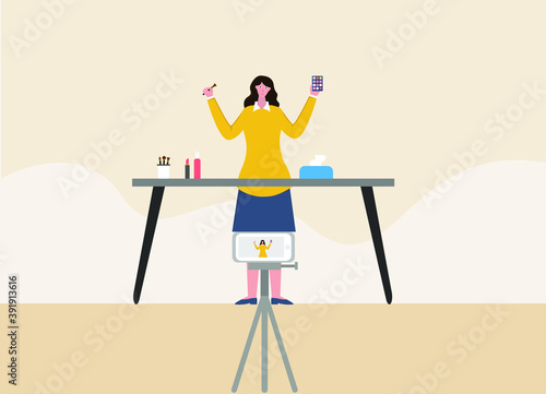Beauty vlogger vector concept: Beauty vlogger creating an online yoga lesson video on a mobile phone