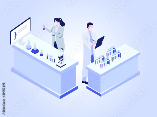 Science research vector concept: Scientists with flasks, microscope and computer working on antiviral treatment development