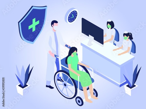 Health vector concept: Doctor push patient in a wheelchair to hospital reception desk