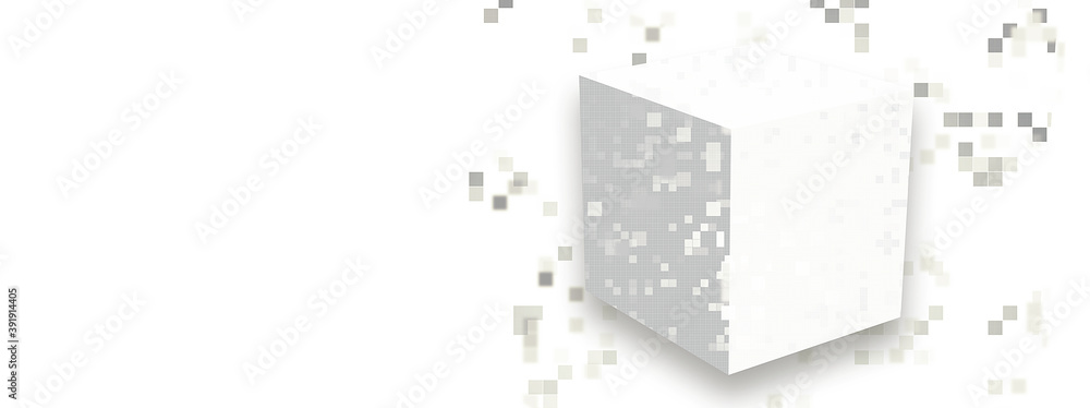 白い立方体から分散する無数の正方形のタイル