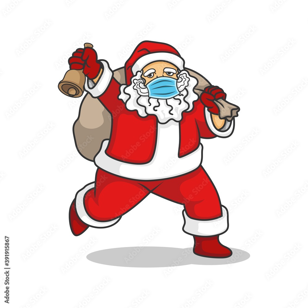 santa claus with healthy mask running bring a sack of gift and holding a bell. vector illustration. santa claus with healthy mask running bring a sack of gift and holding a bell. vector illustration.