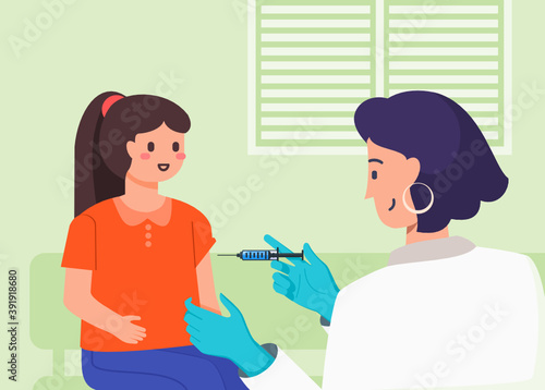 Female Doctor Injecting Vaccine to a Cute Kid in Clinic, Hospital or Public Medical Service. Children Vaccination for Herd Immunity Concept. Flat Vector Cartoon Design. Healthcare & Illness Prevention