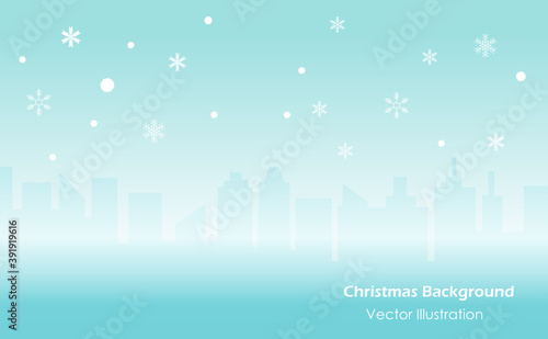 Sofe blue sky background with falling sknowflakes and city buildings in winter. Idea for Christmas banner template, brochure, website and landing pages.