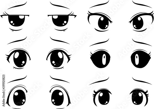 Cute anime-style big black eyes with a sad expression