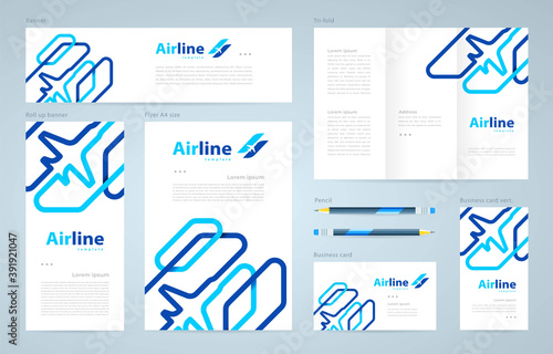 Airplane lines theme Set flyer cover, tri-fold, banner, roll up banner, business card vector blue color