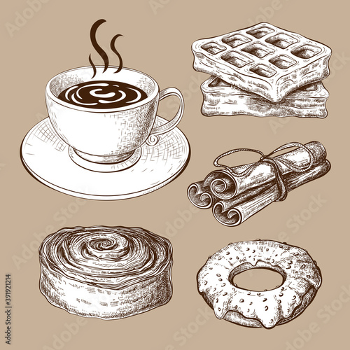 pastry with coffee vintage clipart. engraved style sketch of sweet breakfast isolated. drawn sweet pastry with coffee cup. illustration of glazed donut, waffers, cinnamon bun, sticks. great for design