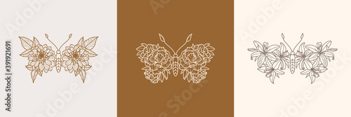 Set of Floral Butterfly icon in a Linear Minimalist trendy style. Vector outline Emblem of Wings with Flowers for creating logos of beauty salons, t-shirt print, tattoo, wall art, card