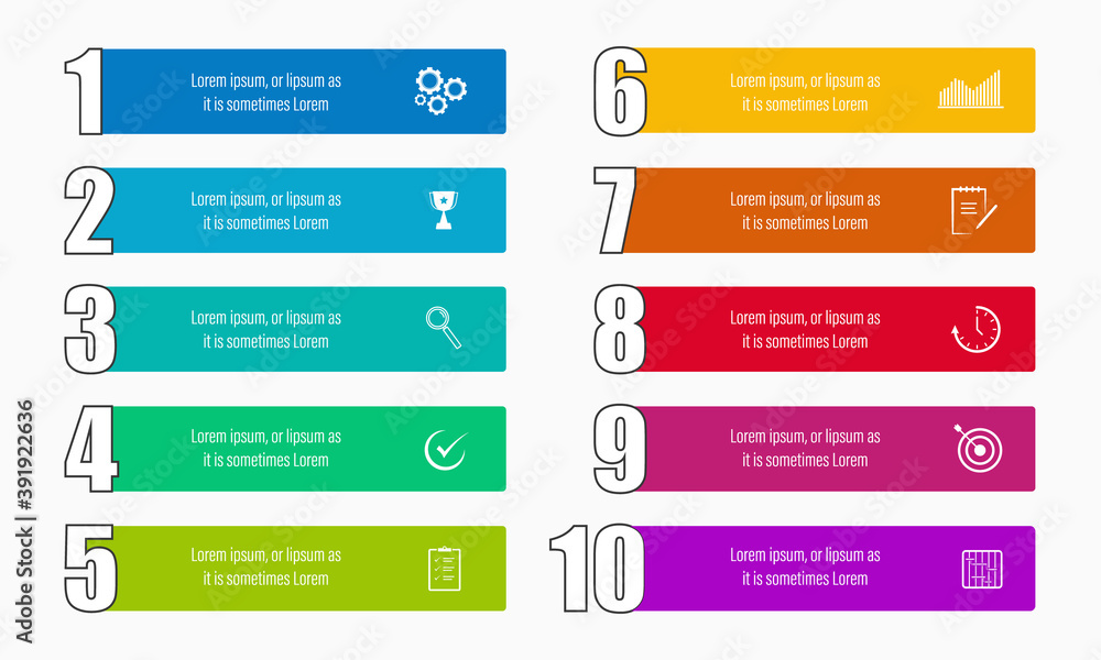 Modern infographics design with 10 options with business icons and text box, presentation and web template Modern infographics design with 10 options with business icons and text box, presentation and web template