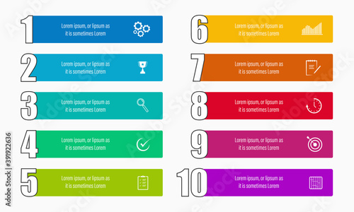 Modern infographics design with 10 options with business icons and text box, presentation and web template