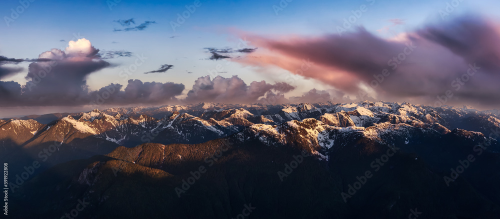 Aerial Panoramic View of Canadian Mountain Landscape. Dramatic Cloudy Sunrise Art Render. Located near Vancouver, British Columbia, Canada. Nature Panorama Background