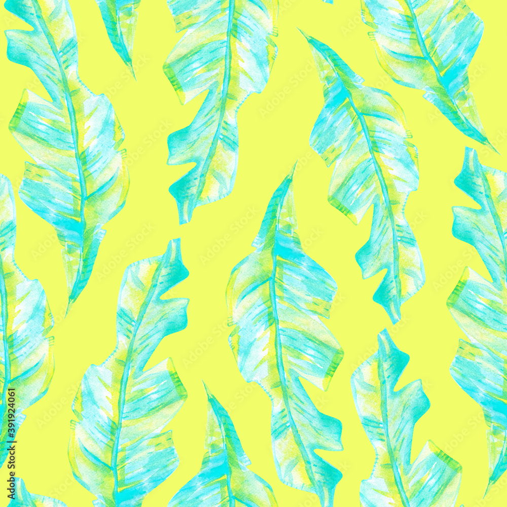 watercolor blue leaves seamless pattern on yellow background