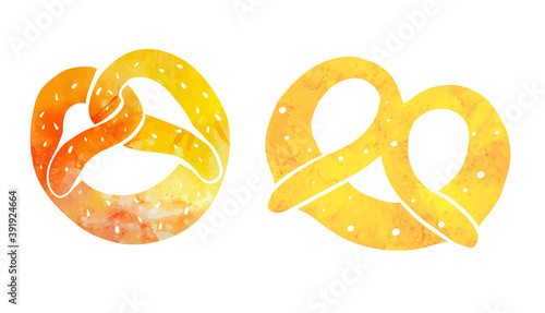 Set of watercolor silhouette bavarian pretzel treat. Baking bun with sprinkles. German food at Oktoberfest. Vector illustration for menu, recipe, sticker, postcards and your creativity